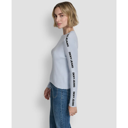 Dkny Jeans Women's Long-Sleeve Logo Trim Crewneck Sweater