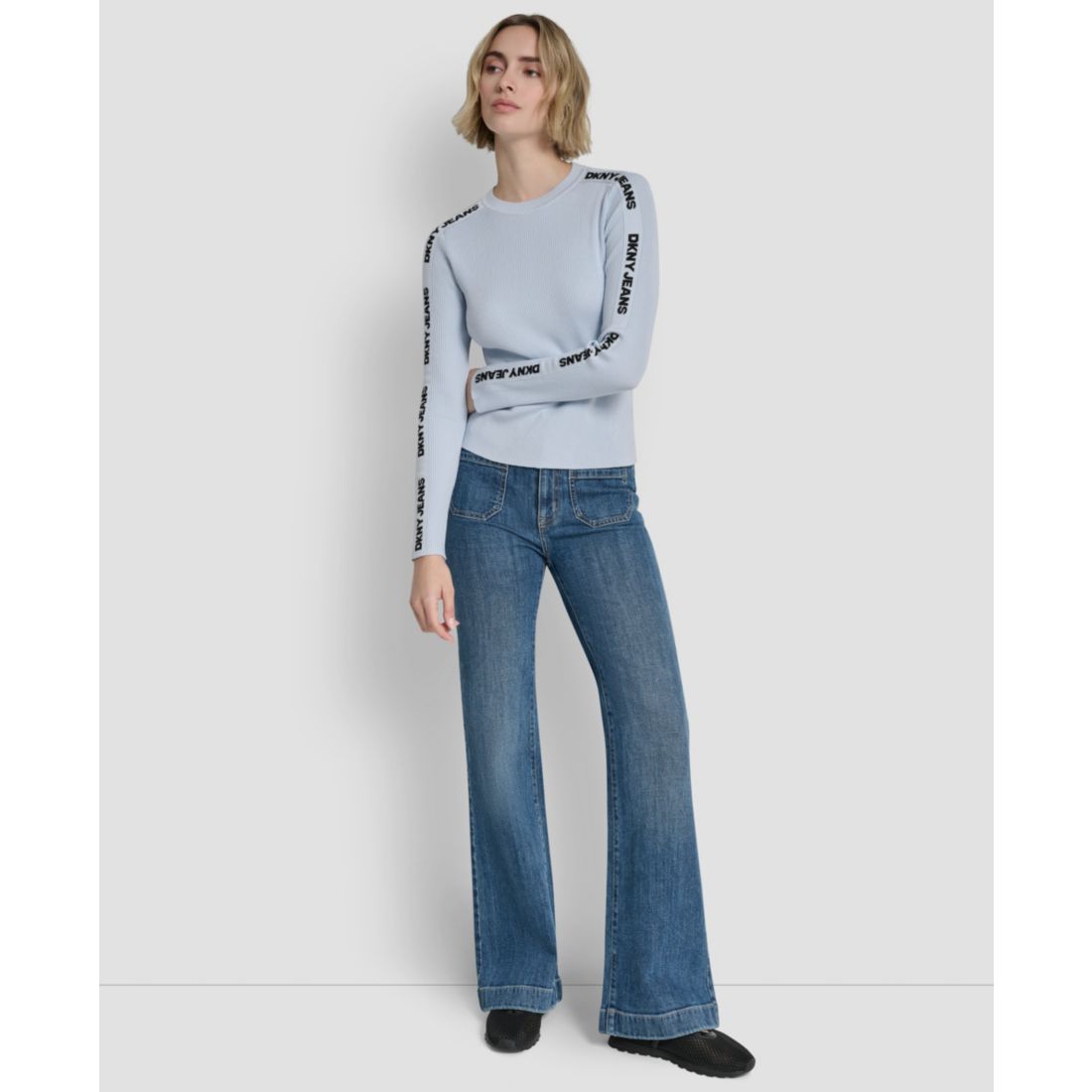 Dkny Jeans Women's Long-Sleeve Logo Trim Crewneck Sweater