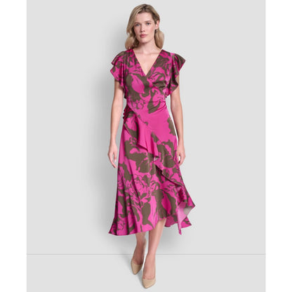Dkny Women's Cap-Sleeve Surplice Neck Ruffle Midi Dress