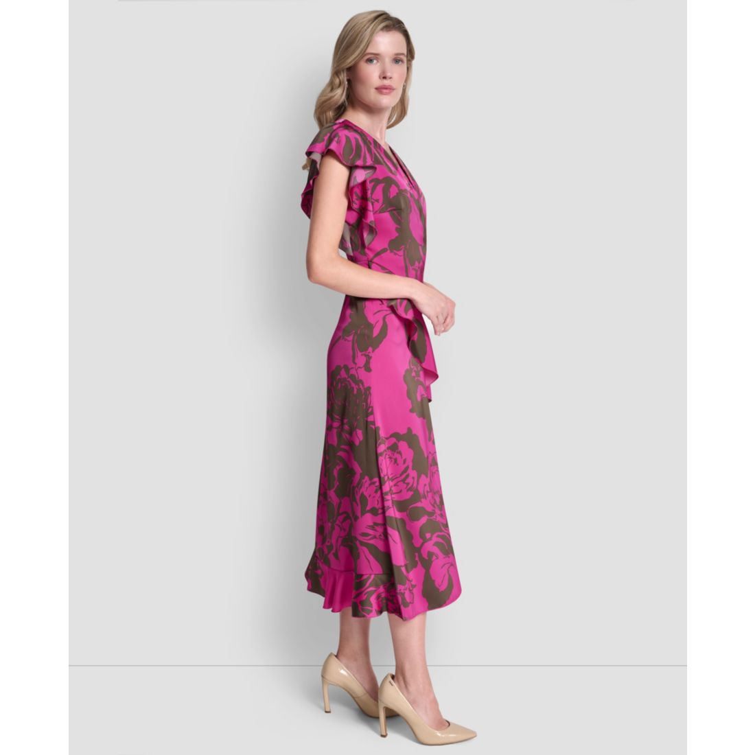Dkny Women's Cap-Sleeve Surplice Neck Ruffle Midi Dress