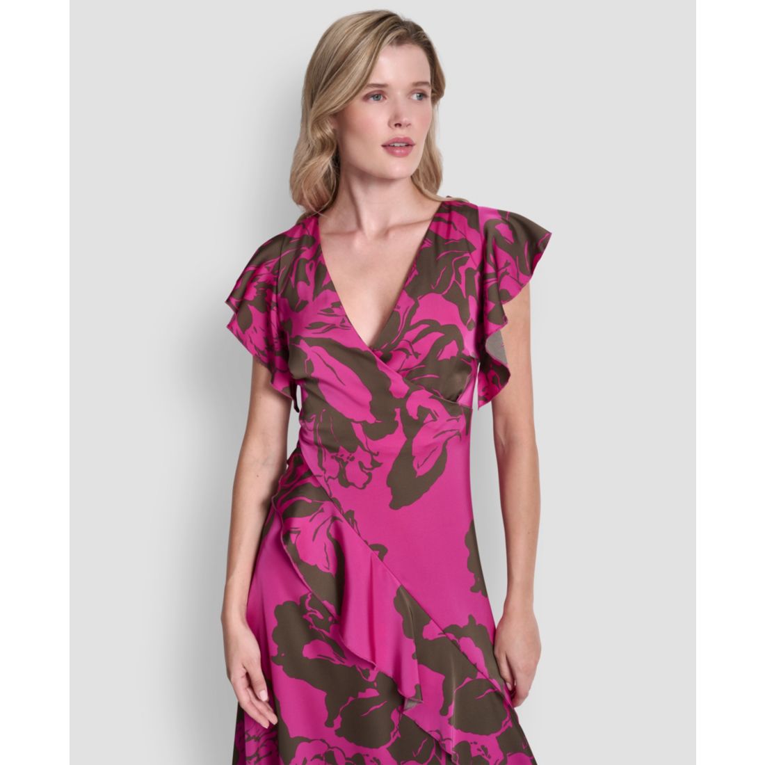 Dkny Women's Cap-Sleeve Surplice Neck Ruffle Midi Dress