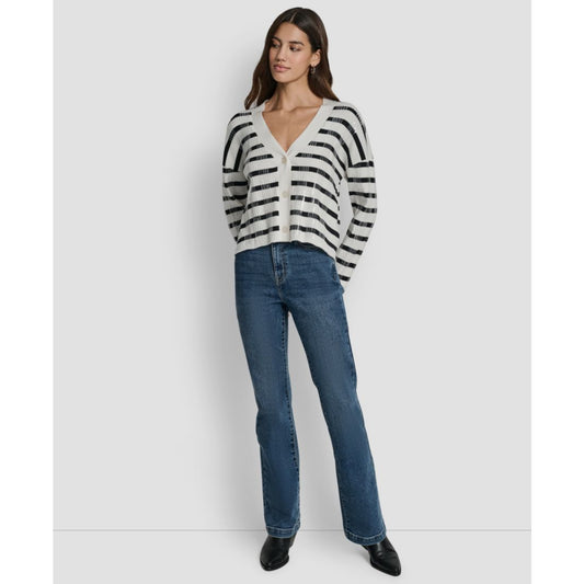 Dkny Jeans Women's Striped Cropped Long-Sleeve Cardigan Sweater