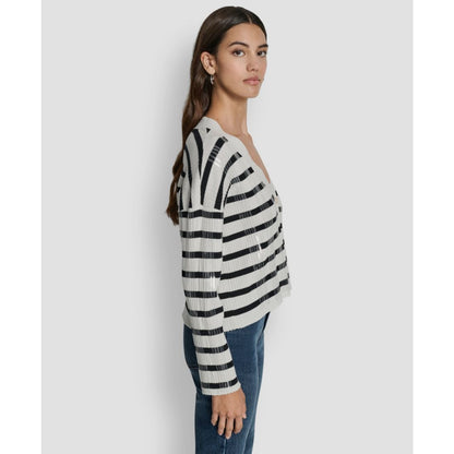 Dkny Jeans Women's Striped Cropped Long-Sleeve Cardigan Sweater