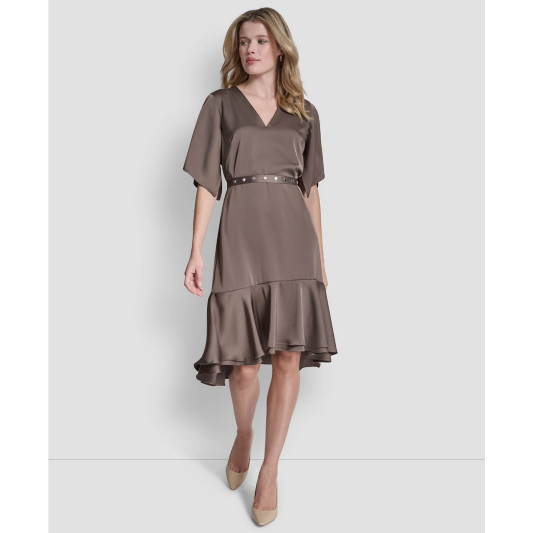 Dkny Women's Flutter Sleeve V-Neck High Low Midi Dress
