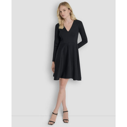 Dkny Women's Long Sleeve Rib Knit Fit and Flare Dress