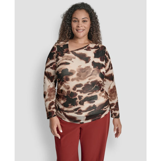 Dkny Plus Size Asymmetrical Neck Side Ruched Long Sleeve Top