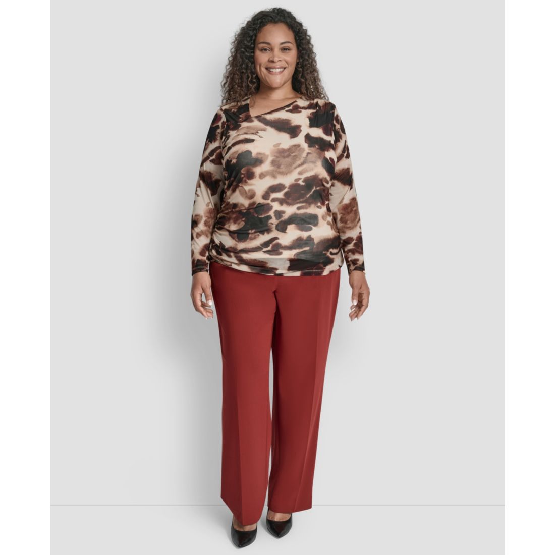 Dkny Plus Size Asymmetrical Neck Side Ruched Long Sleeve Top