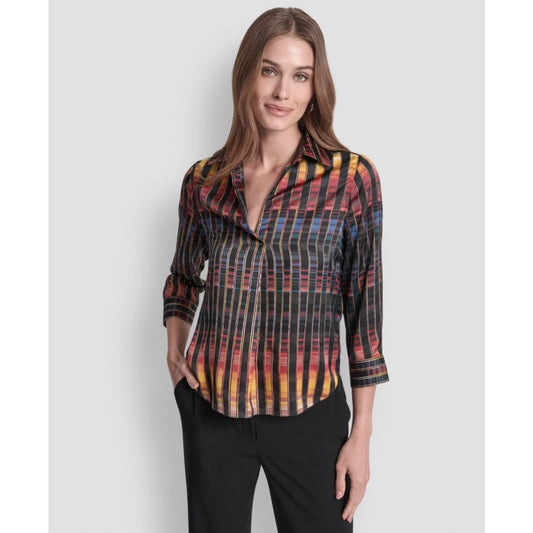 Dkny Women's Printed Satin Long Sleeve V-Neck Blouse - Black/ Sunset Yellow Multi