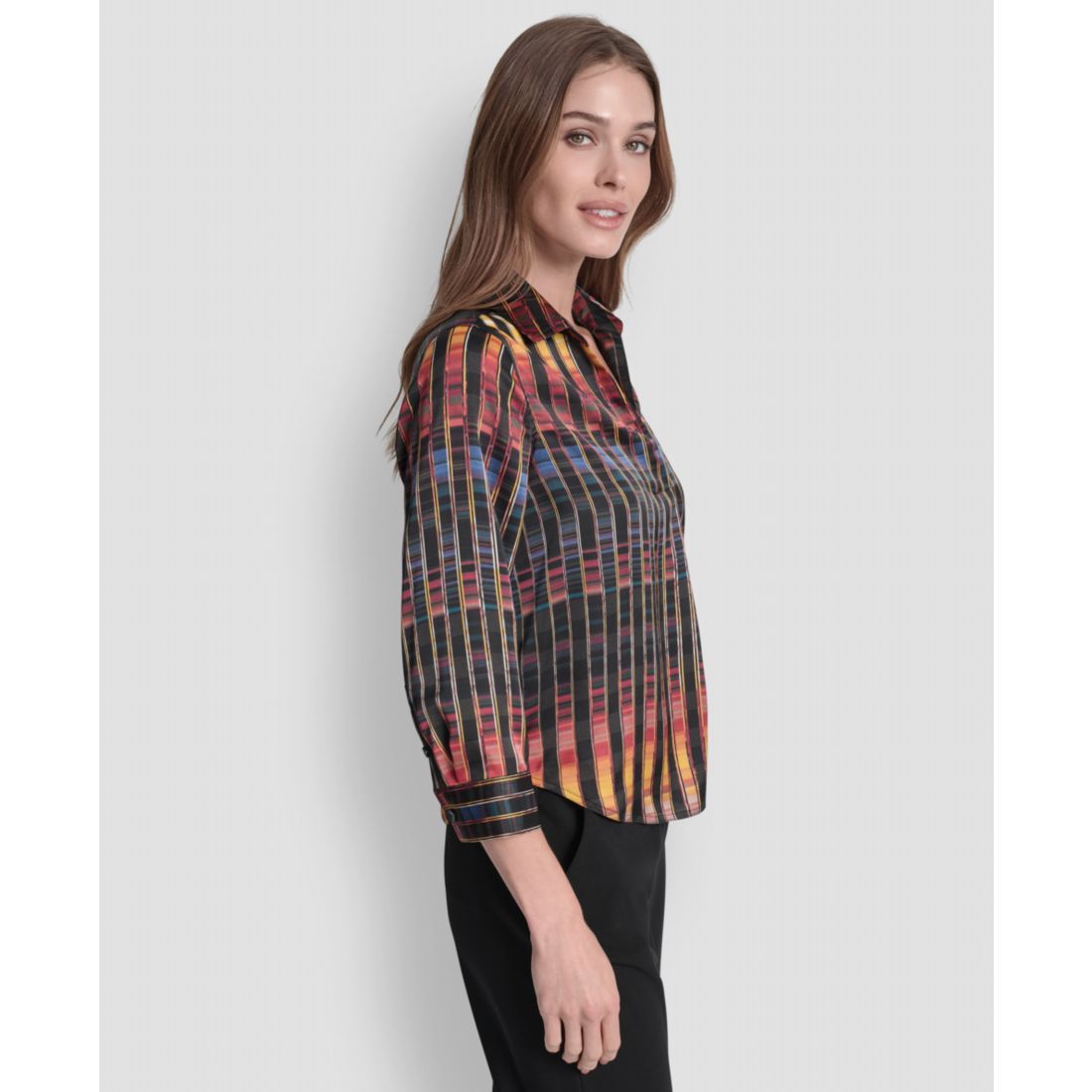 Dkny Women's Printed Satin Long Sleeve V-Neck Blouse - Black/ Sunset Yellow Multi