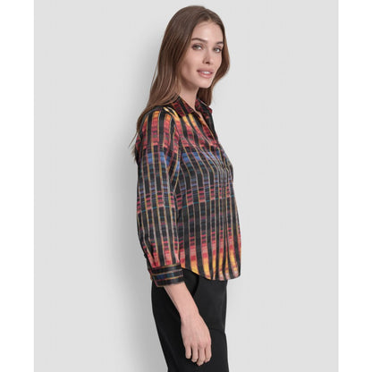 Dkny Women's Printed Satin Long Sleeve V-Neck Blouse - Black/ Sunset Yellow Multi