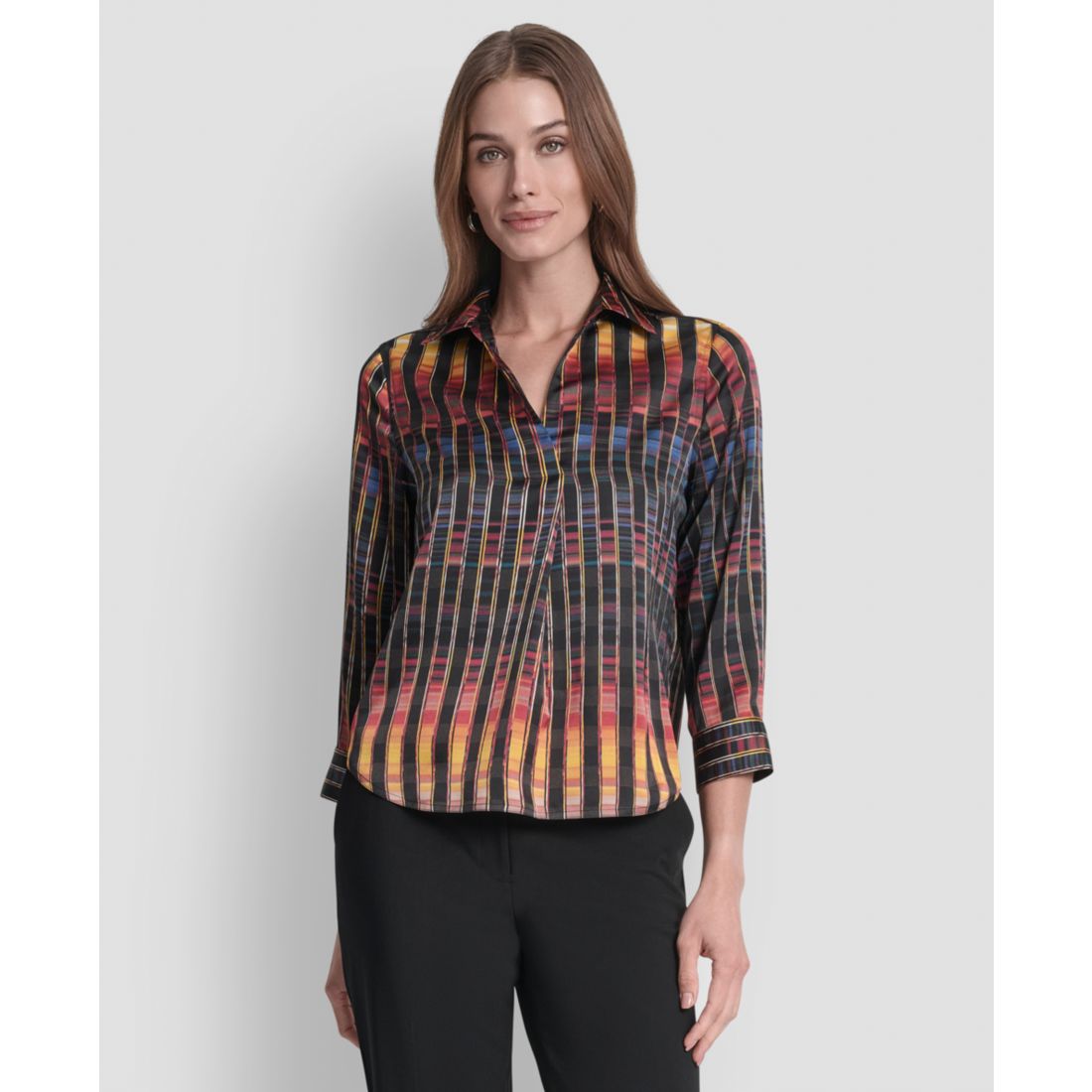 Dkny Women's Printed Satin Long Sleeve V-Neck Blouse - Black/ Sunset Yellow Multi