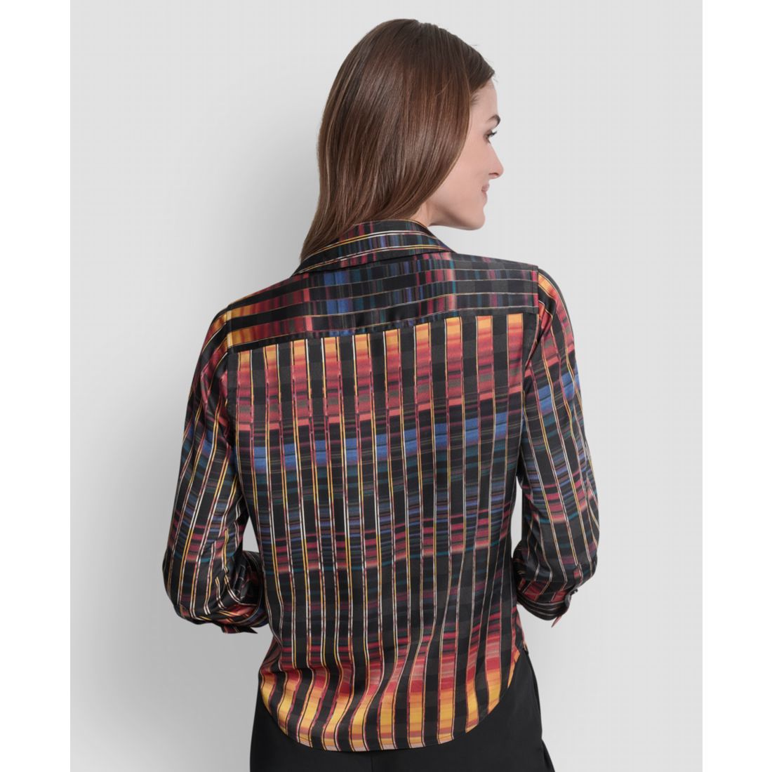 Dkny Women's Printed Satin Long Sleeve V-Neck Blouse - Black/ Sunset Yellow Multi