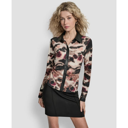 Dkny Women's Long Sleeve Button Front Top - Blonde/ Truffle Multi
