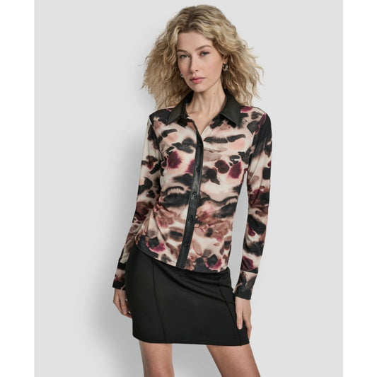 Dkny Women's Long Sleeve Button Front Top - Blonde/ Truffle Multi