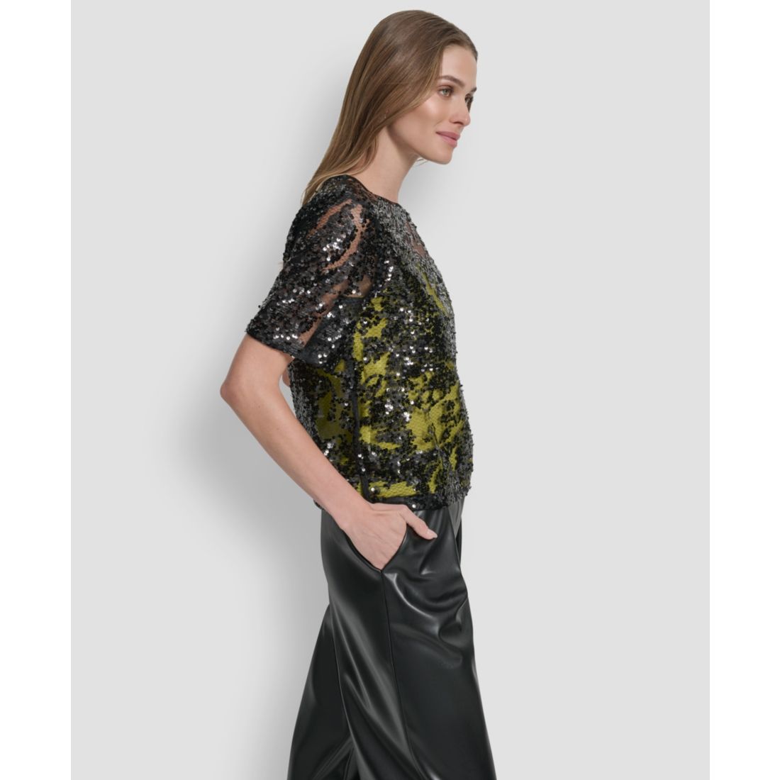 Dkny Women's Short Sleeve Sequin Overlay Boxy Top