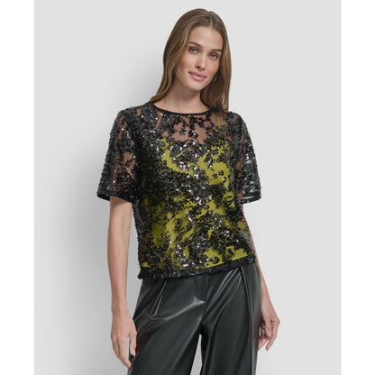 Dkny Women's Short Sleeve Sequin Overlay Boxy Top