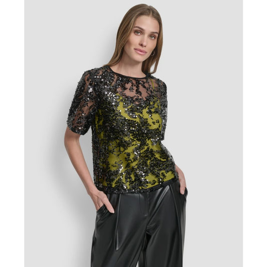 Dkny Women's Short Sleeve Sequin Overlay Boxy Top