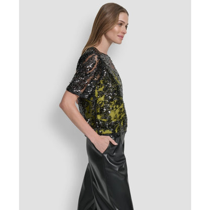 Dkny Women's Short Sleeve Sequin Overlay Boxy Top