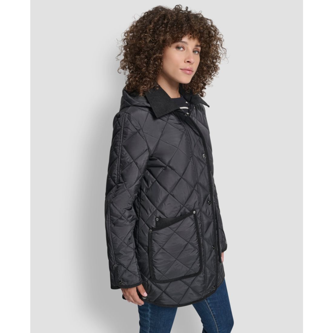 Dkny Women's Corduroy Collar Hooded Quilted Coat