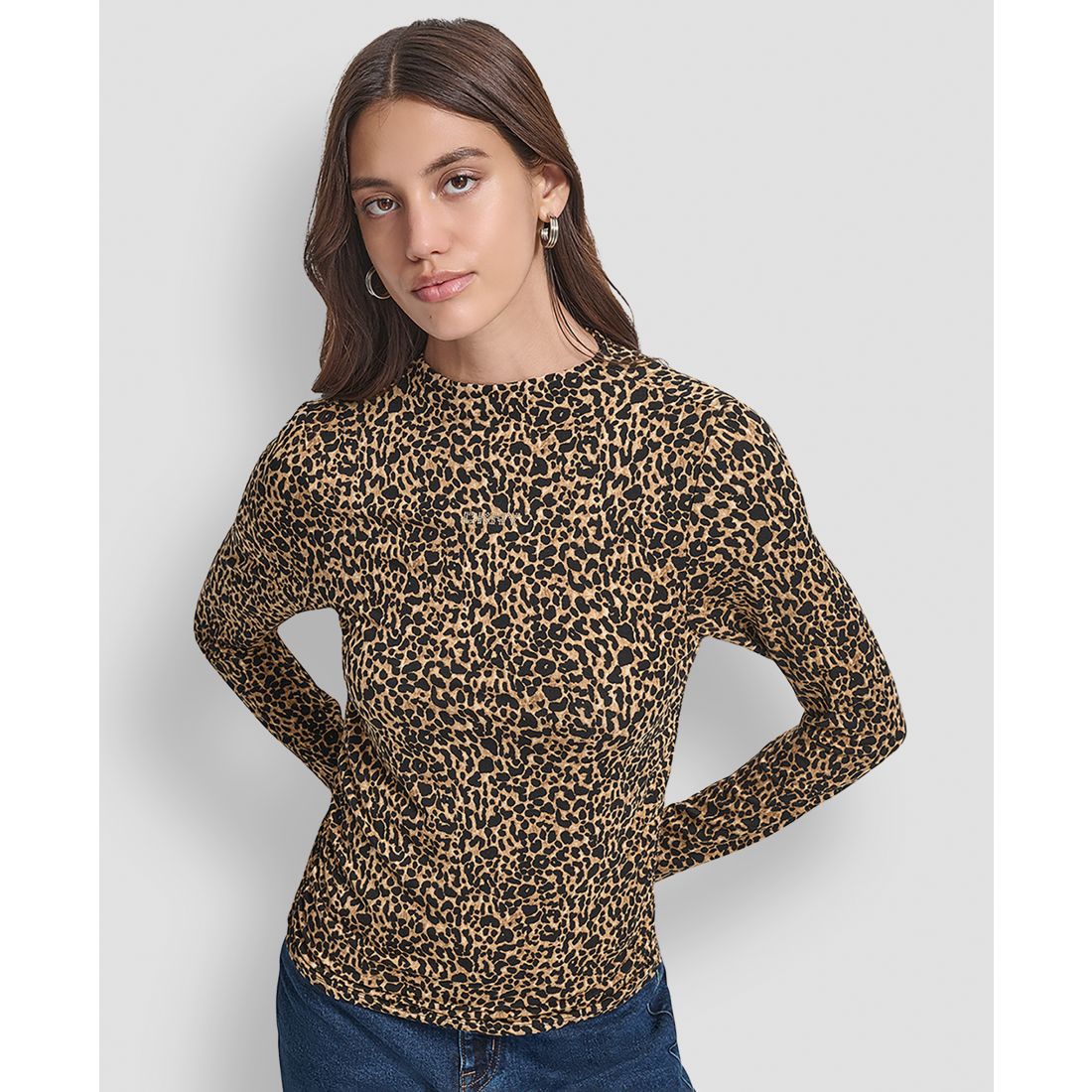 Dkny Jeans Women's Side Ruched High Neck Long Sleeve Top With Rhinestud Logo