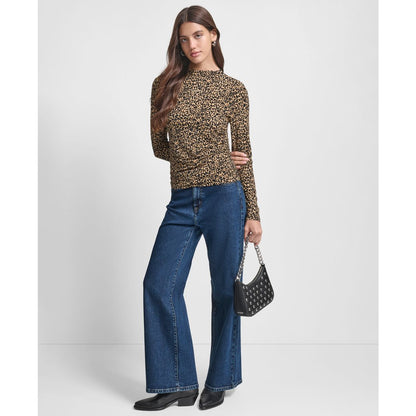 Dkny Jeans Women's Side Ruched High Neck Long Sleeve Top With Rhinestud Logo
