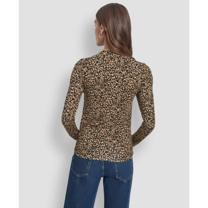 Dkny Jeans Women's Side Ruched High Neck Long Sleeve Top With Rhinestud Logo