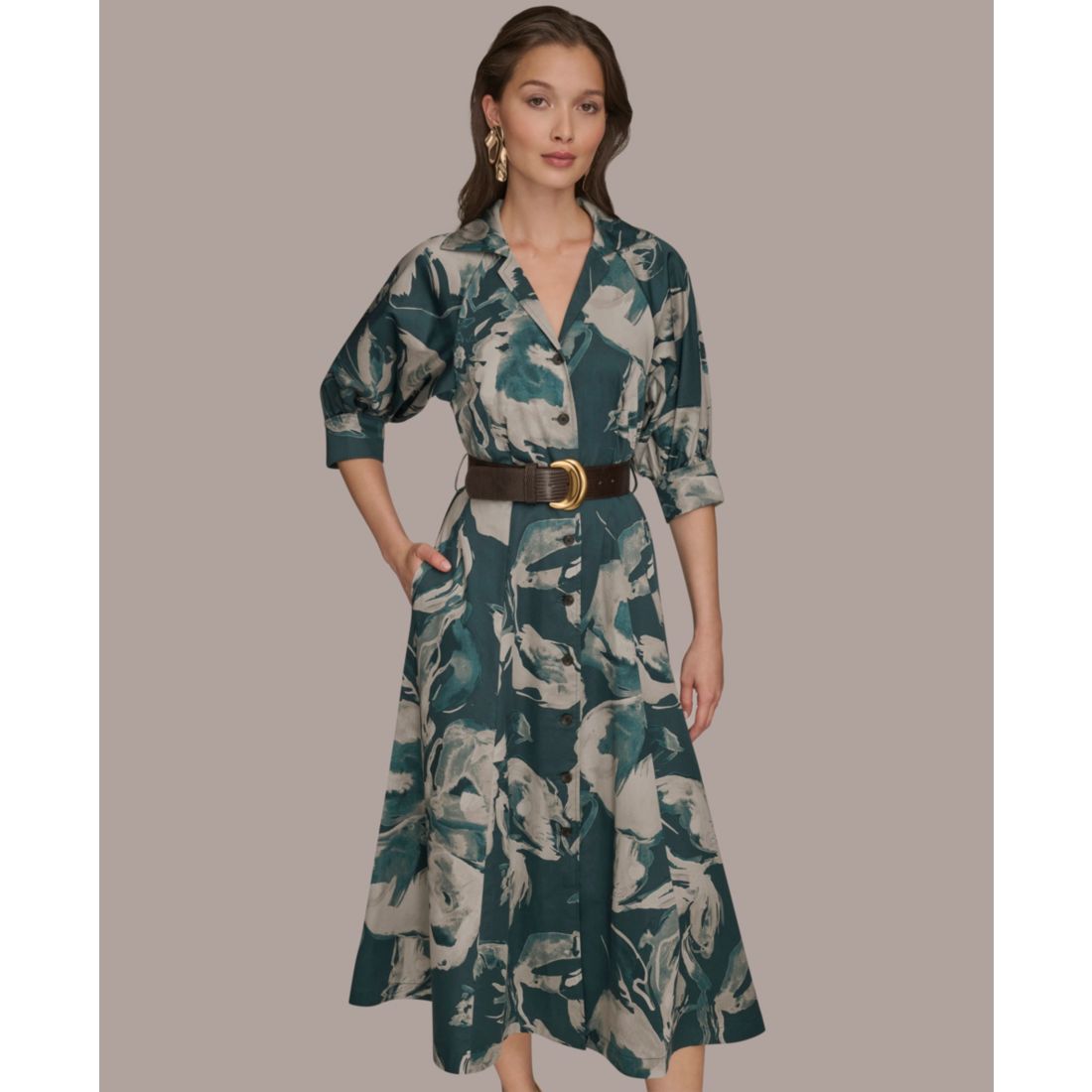 Donna Karan New York Women's Floral Shirt Dress - Hudson/ Weathered Sage Multi