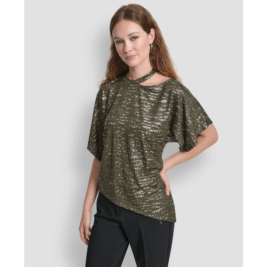 Dkny Women's Short Sleeves Cut Foil Printed Top