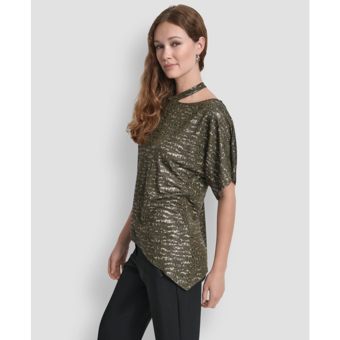 Dkny Women's Short Sleeves Cut Foil Printed Top