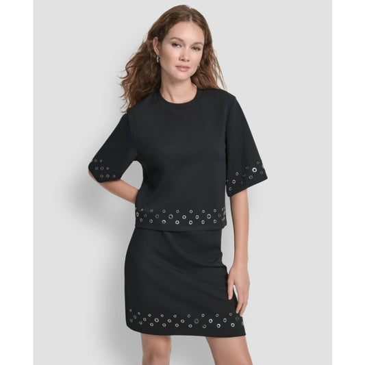 Dkny Women's Grommet Short Sleeve Ponte Knit Top