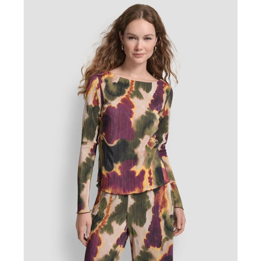 Dkny Women's Plisse Printed Long Sleeves Top