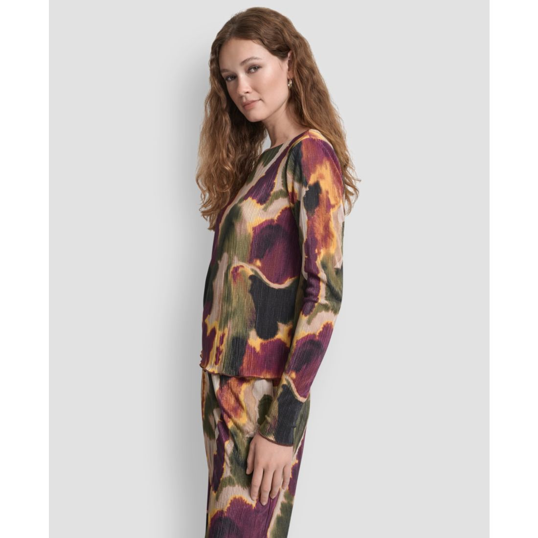 Dkny Women's Plisse Printed Long Sleeves Top