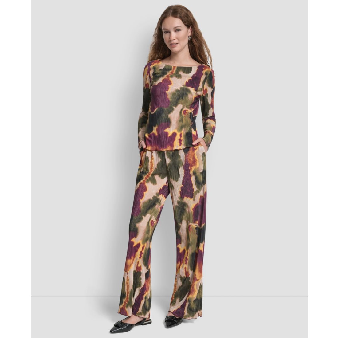 Dkny Women's Plisse Printed Long Sleeves Top