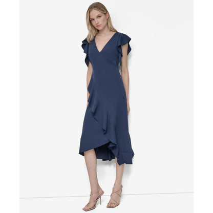Dkny Women's Ruffle Sleeve V Neck Midi Dress