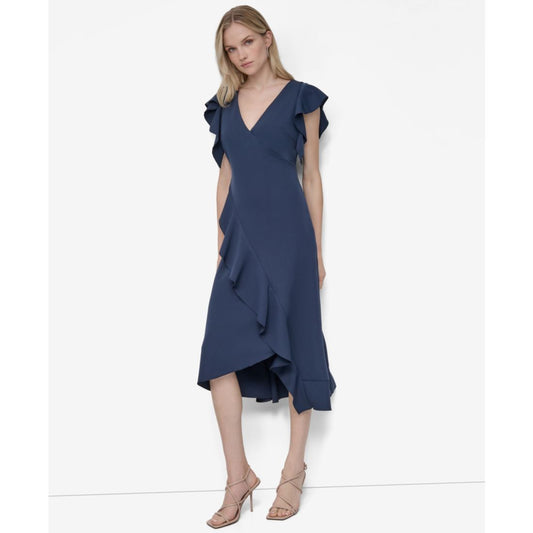 Dkny Women's Ruffle Sleeve V Neck Midi Dress