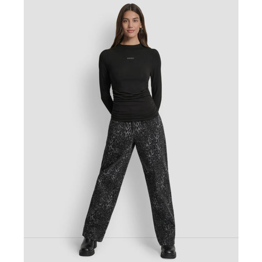 Dkny Jeans Women's Side Ruched High Neck Long Sleeve Top With Rhinestud Logo