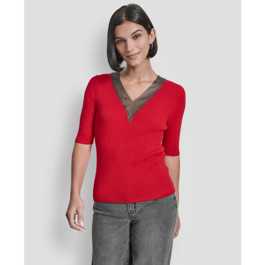 Dkny Women's Embellished-Neck Half-Sleeve Ribbed Sweater