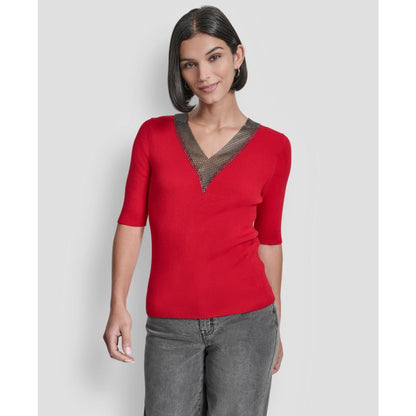 Dkny Women's Embellished-Neck Half-Sleeve Ribbed Sweater