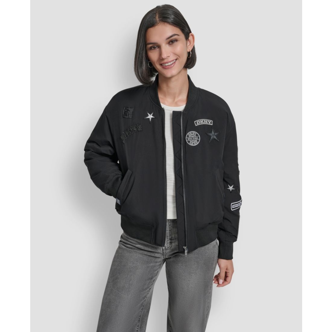 Dkny Women's Pins and Patches Long Sleeve Bomber Jacket