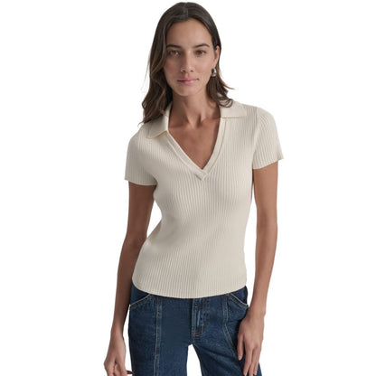 Dkny Jeans Womens Ribbed V-Neck Polo Sweater