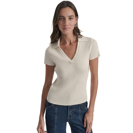 Dkny Jeans Womens Ribbed V-Neck Polo Sweater