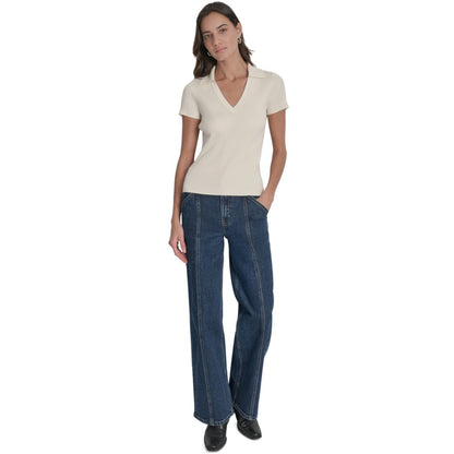 Dkny Jeans Womens Ribbed V-Neck Polo Sweater