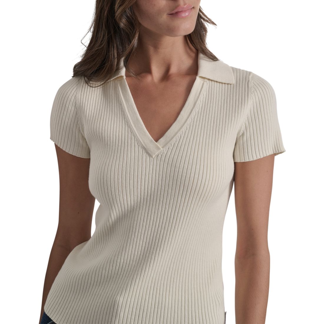 Dkny Jeans Womens Ribbed V-Neck Polo Sweater