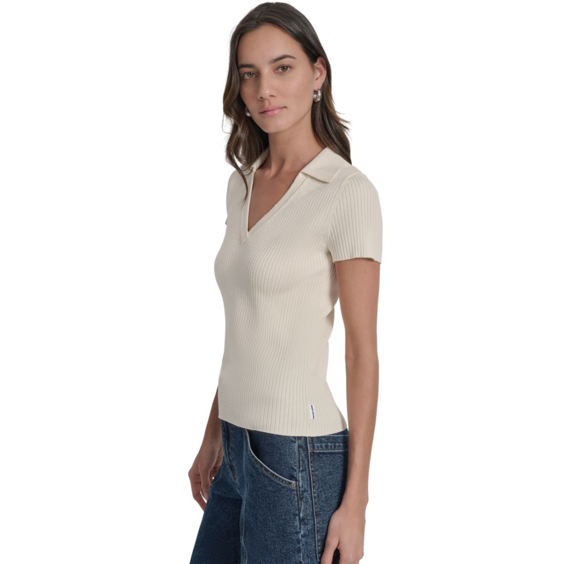 Dkny Jeans Womens Ribbed V-Neck Polo Sweater
