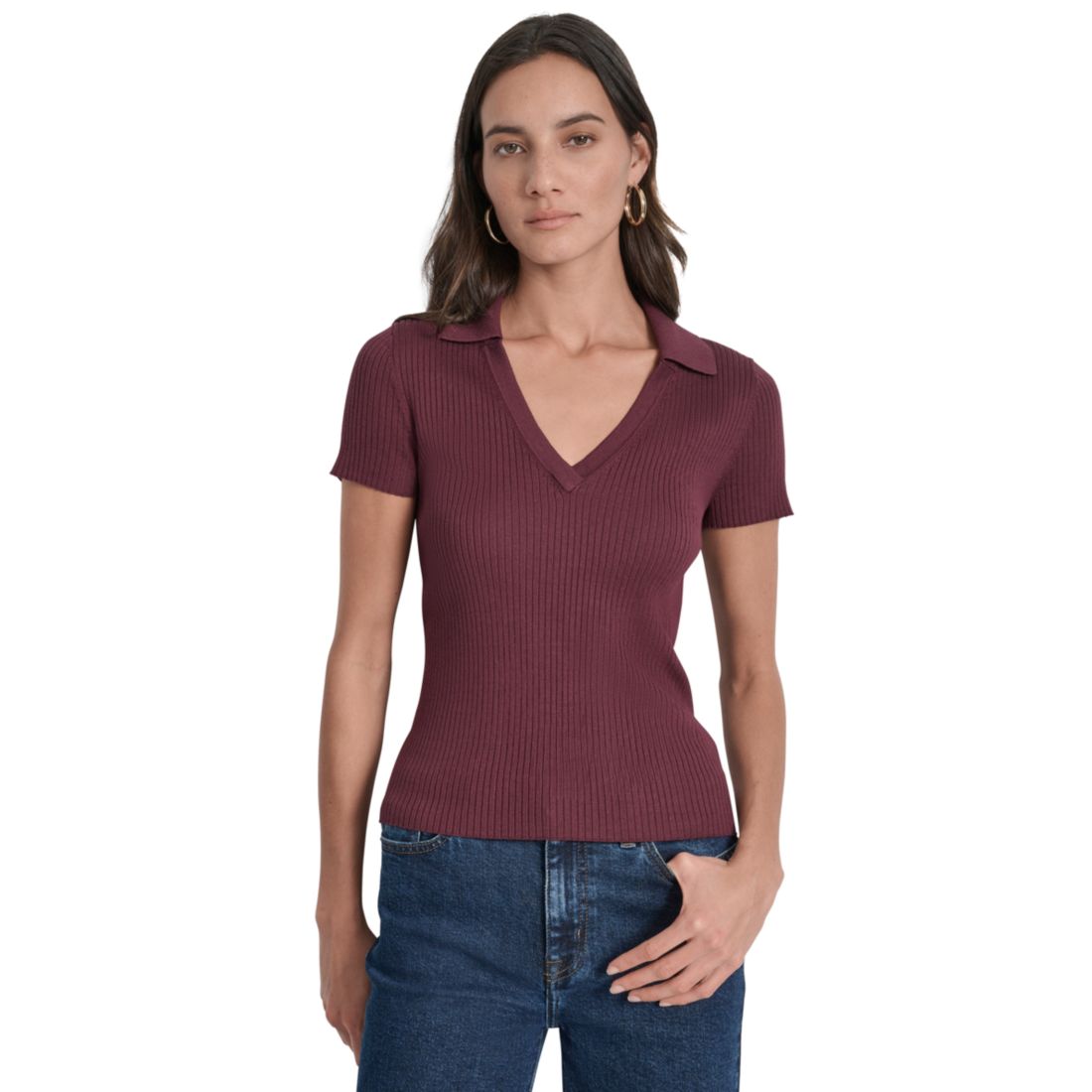 Dkny Jeans Womens Ribbed V-Neck Polo Sweater