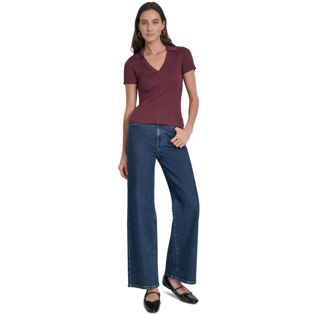 Dkny Jeans Womens Ribbed V-Neck Polo Sweater
