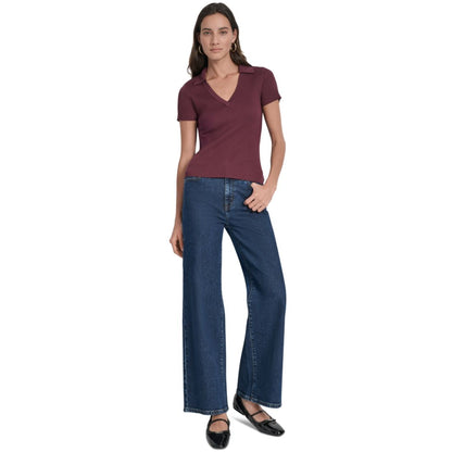 Dkny Jeans Womens Ribbed V-Neck Polo Sweater