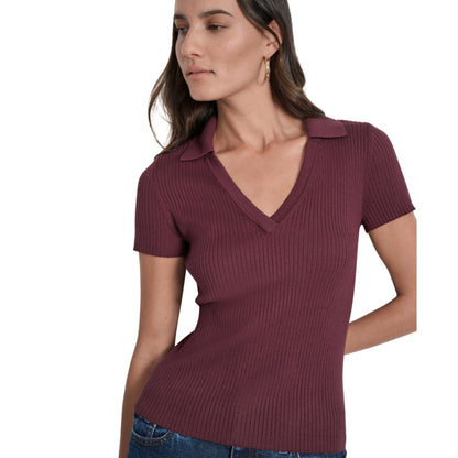 Dkny Jeans Womens Ribbed V-Neck Polo Sweater