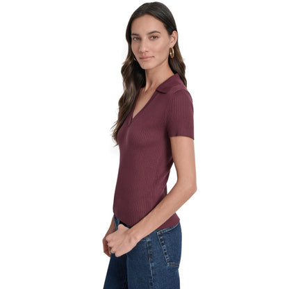 Dkny Jeans Womens Ribbed V-Neck Polo Sweater