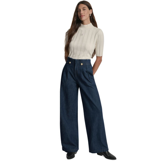 Dkny Jeans Women's Tab-Waist High Rise Wide Leg Cotton Denim Pants